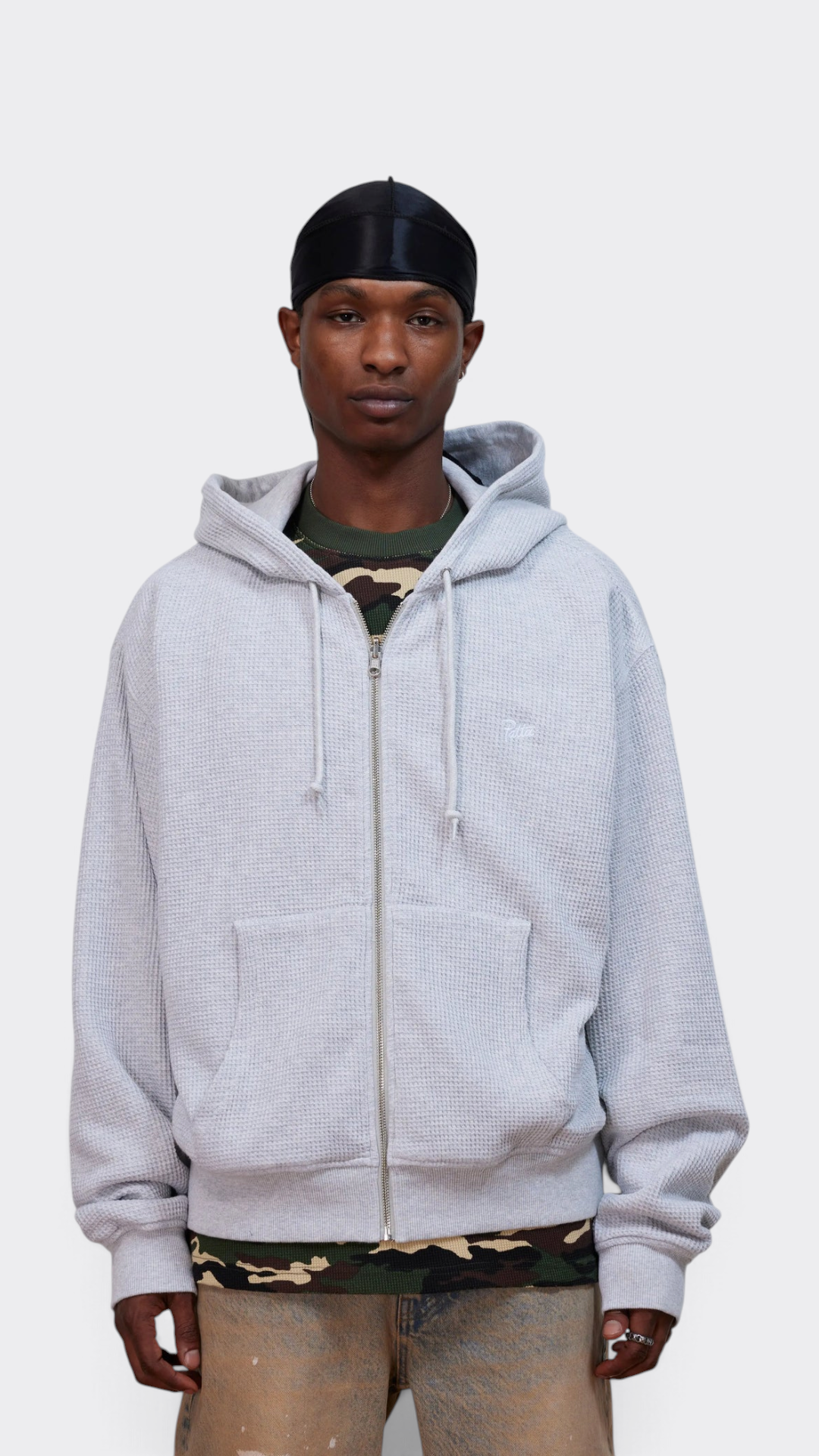 Patta Waffle Reversible Zip Up Hooded Sweater Grey Heather - con modelo
