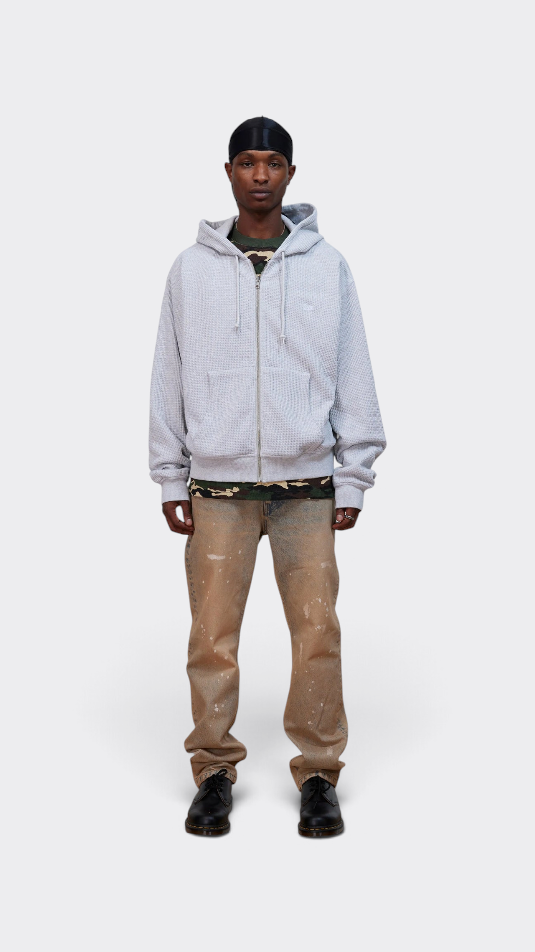 Patta Waffle Reversible Zip Up Hooded Sweater Grey Heather - con modelo