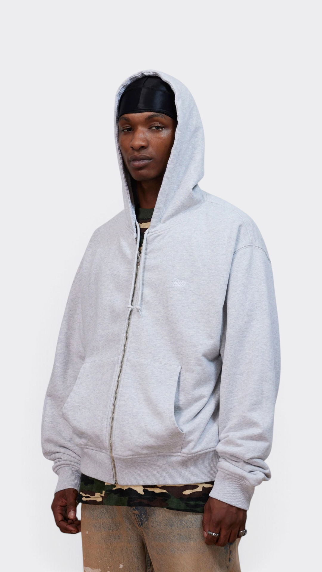 Patta Waffle Reversible Zip Up Hooded Sweater Grey Heather - con modelo